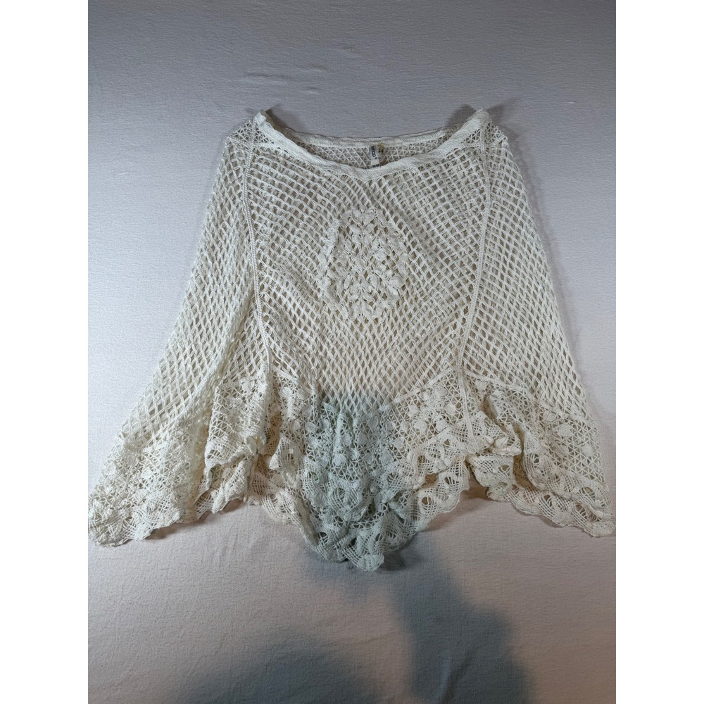Leshop Womens Crochet Knit Poncho Top Ivory Boho Floral Lace Scalloped Hem M